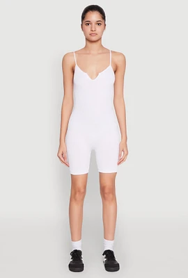 Womens Notch Neck Rib Knit Cami Romper, White,