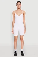 Womens Notch Neck Rib Knit Cami Romper, White,