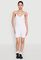 Womens Notch Neck Rib Knit Cami Romper, White,