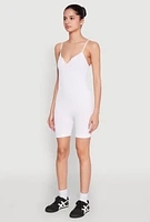 Womens Notch Neck Rib Knit Cami Romper, White,