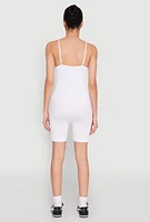Womens Notch Neck Rib Knit Cami Romper, White,
