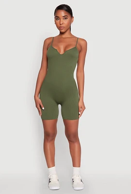 Womens Notch Neck Rib Knit Cami Romper, Green, Size M