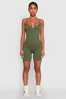 Womens Notch Neck Rib Knit Cami Romper, Green, Size M
