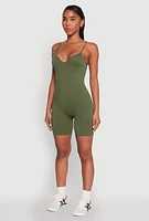 Womens Notch Neck Rib Knit Cami Romper, Green, Size M