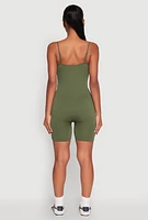 Womens Notch Neck Rib Knit Cami Romper, Green, Size M