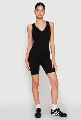 Womens Ribbed Knit Notch Neck Romper, Black, Size S