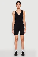 Womens Ribbed Knit Notch Neck Romper, Black, Size S