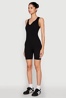 Womens Ribbed Knit Notch Neck Romper, Black,