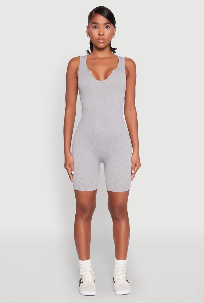 Womens Ribbed Knit Notch Neck Romper, XL
