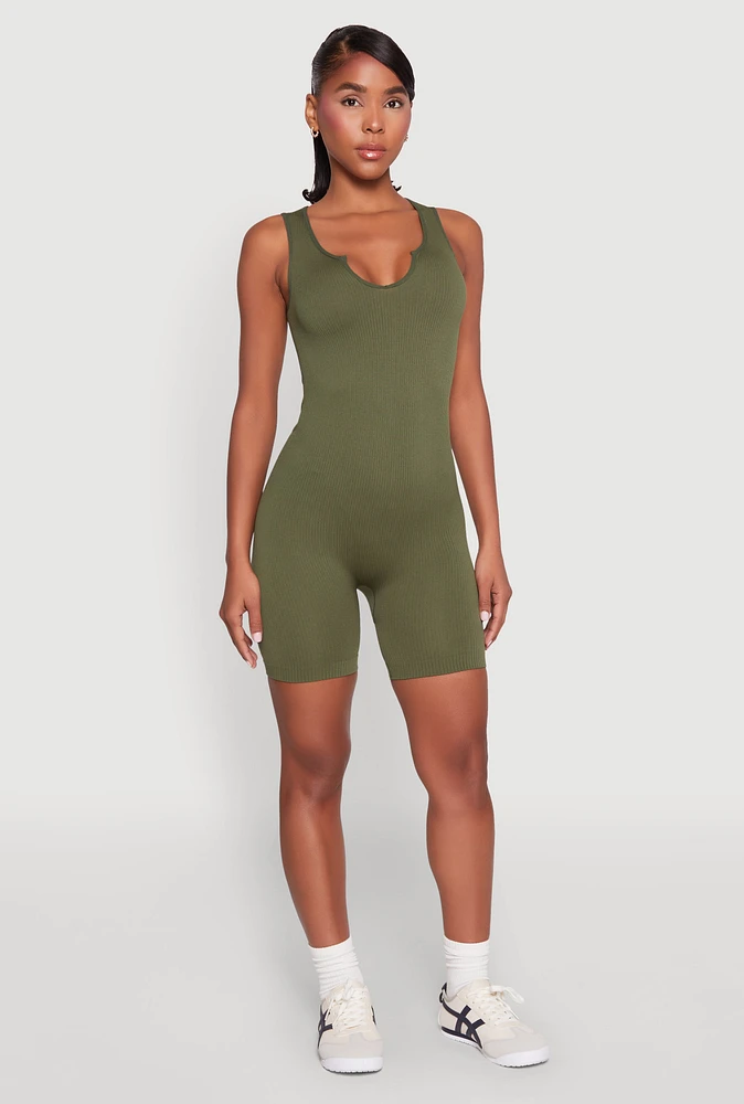 Womens Ribbed Knit Notch Neck Romper,