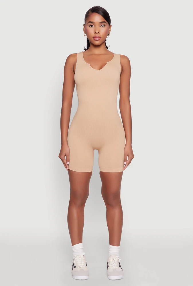 Womens Ribbed Knit Notch Neck Romper, L