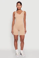 Womens Ribbed Knit Notch Neck Romper, L