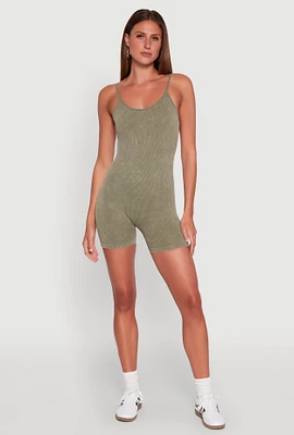 Womens Mineral Wash Rib Knit Scoop Neck Cami Romper, Green, Size S