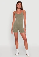 Womens Mineral Wash Rib Knit Scoop Neck Cami Romper, Green, Size S