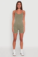 Womens Mineral Wash Rib Knit Scoop Neck Cami Romper, Green, Size S