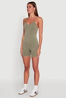 Womens Mineral Wash Rib Knit Scoop Neck Cami Romper, Green, Size S