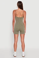 Womens Mineral Wash Rib Knit Scoop Neck Cami Romper, Green, Size S