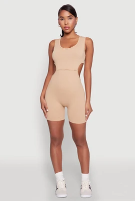 Womens Ribbed Cut Out Side Biker Romper,