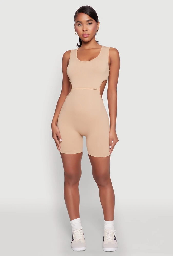 Womens Ribbed Cut Out Side Biker Romper,