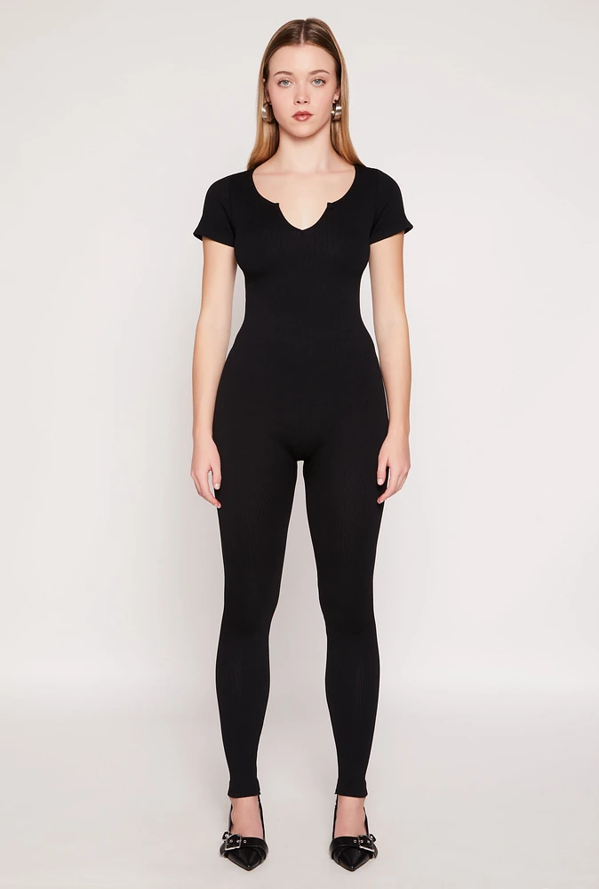 Womens Seamless Notch Neck Rib Knit Catsuit, Black, Size M