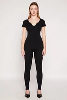 Womens Seamless Notch Neck Rib Knit Catsuit, Black, Size M