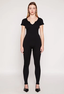 Womens Seamless Notch Neck Rib Knit Catsuit, Black, Size L