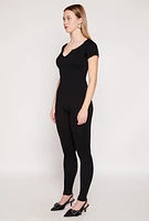 Womens Seamless Notch Neck Rib Knit Catsuit, Black, Size M