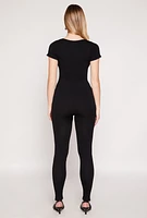 Womens Seamless Notch Neck Rib Knit Catsuit, Black, Size M