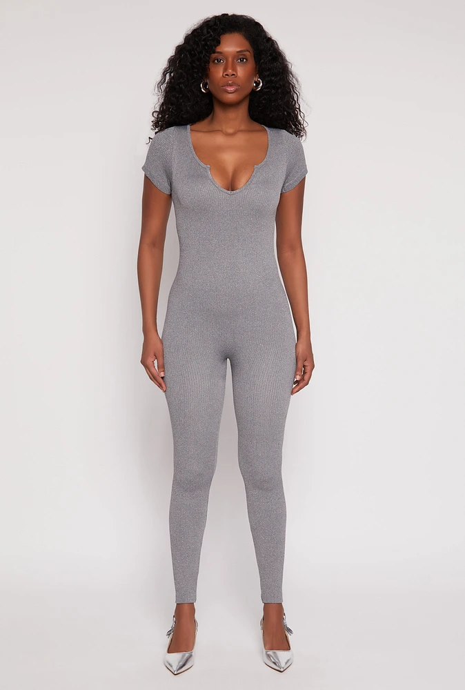 Womens Seamless Notch Neck Rib Knit Catsuit, Grey, Size L