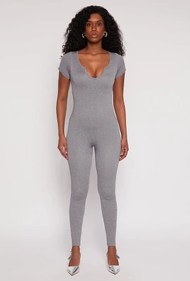 Womens Seamless Notch Neck Rib Knit Catsuit, Grey, Size L