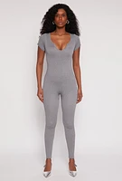 Womens Seamless Notch Neck Rib Knit Catsuit, Grey, Size L