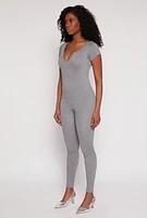 Womens Seamless Notch Neck Rib Knit Catsuit, Grey, Size L