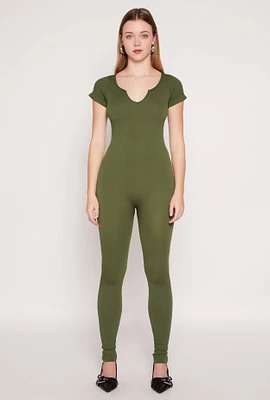 Womens Seamless Notch Neck Rib Knit Catsuit,