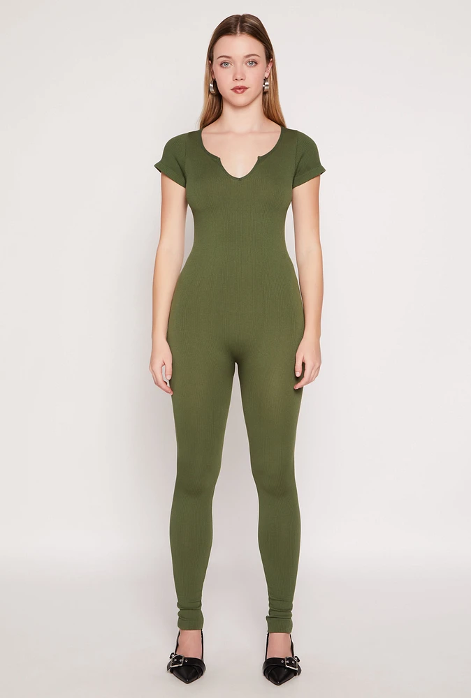 Womens Seamless Notch Neck Rib Knit Catsuit, Green, Size S