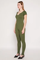 Womens Seamless Notch Neck Rib Knit Catsuit, Green, Size S