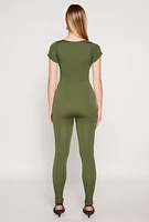 Womens Seamless Notch Neck Rib Knit Catsuit, Green, Size S