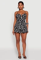 Womens Floral Print Ruffle Tiered Romper, Black, Size M