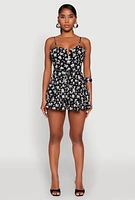 Womens Floral Print Ruffle Tiered Romper, Black, Size M
