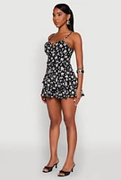 Womens Floral Print Ruffle Tiered Romper, Black, Size L