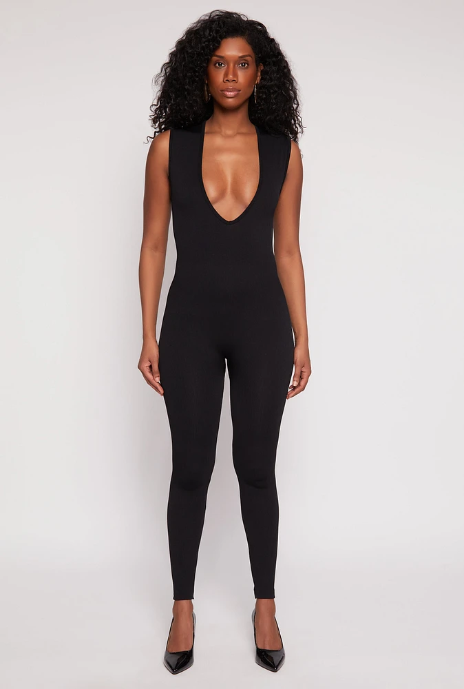 Womens Seamless Ribbed Knit Plunge V Neck Catsuit,