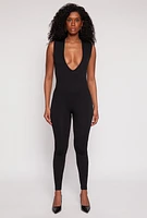 Womens Seamless Ribbed Knit Plunge V Neck Catsuit,