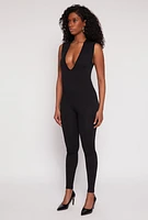 Womens Seamless Ribbed Knit Plunge V Neck Catsuit,