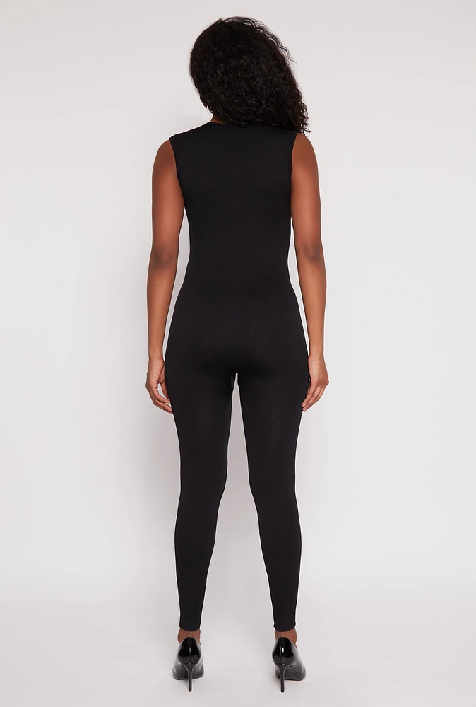 Womens Seamless Ribbed Knit Plunge V Neck Catsuit,