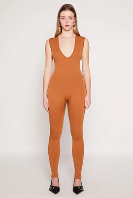 Womens Seamless Ribbed Knit Plunge V Neck Catsuit,