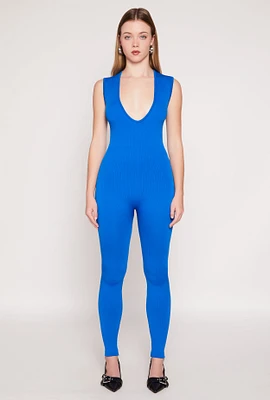 Womens Seamless Ribbed Knit Plunge V Neck Catsuit,