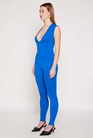 Womens Seamless Ribbed Knit Plunge V Neck Catsuit,