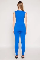 Womens Seamless Ribbed Knit Plunge V Neck Catsuit,