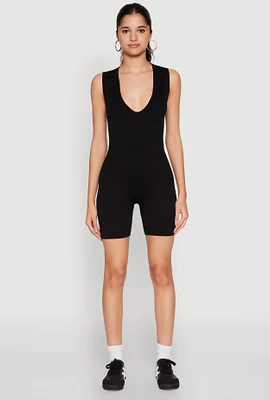 Womens Compression Rib Seamless Plunge Romper, Black, Size L
