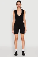 Womens Compression Rib Seamless Plunge Romper, Black, Size L