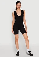 Womens Compression Rib Seamless Plunge Romper, Black, Size L